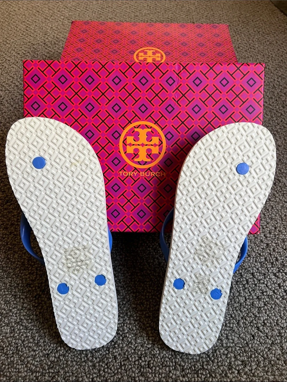 Tory Burch White Flower-Print Flip Flop Sandals with Gold Emblem